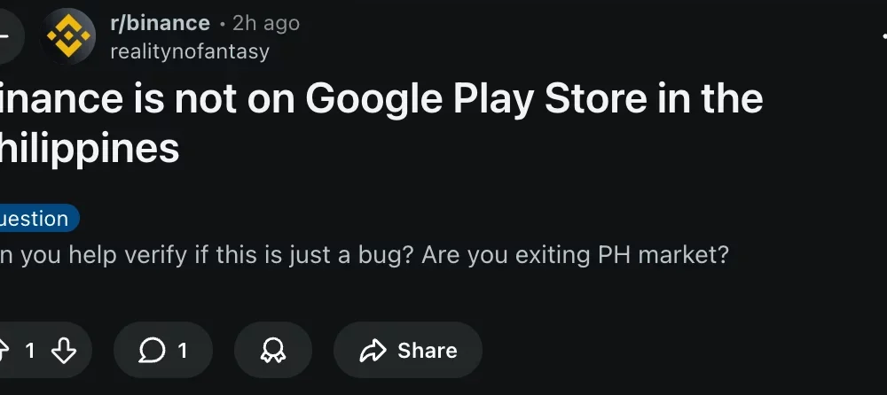 User report on Binance subreddit.