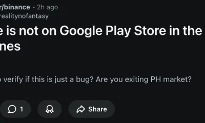 User report on Binance subreddit.