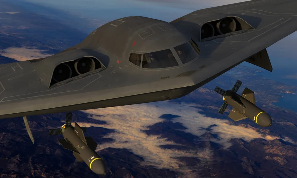 B-2 Spirit bomber carrying a heavy aerial bomb, the Massive Ordnance Penetrator