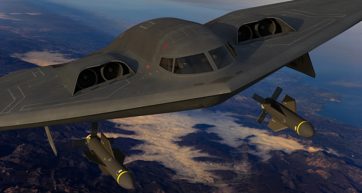 B-2 Spirit bomber carrying a heavy aerial bomb, the Massive Ordnance Penetrator