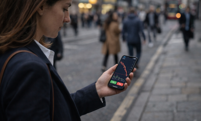 A woman looks at a smartphone showing a sharply declining price chart while standing on a city street.
