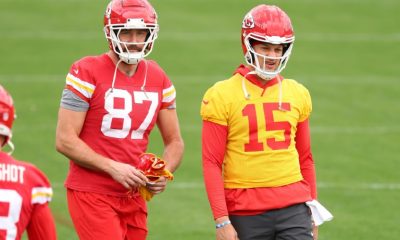 Kansas City quarterback Patrick Mahomes (right) and tight end Travis Kelce (left) practice ahead of Sunday's Super Bowl in New Orleans
