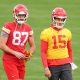 Kansas City quarterback Patrick Mahomes (right) and tight end Travis Kelce (left) practice ahead of Sunday's Super Bowl in New Orleans