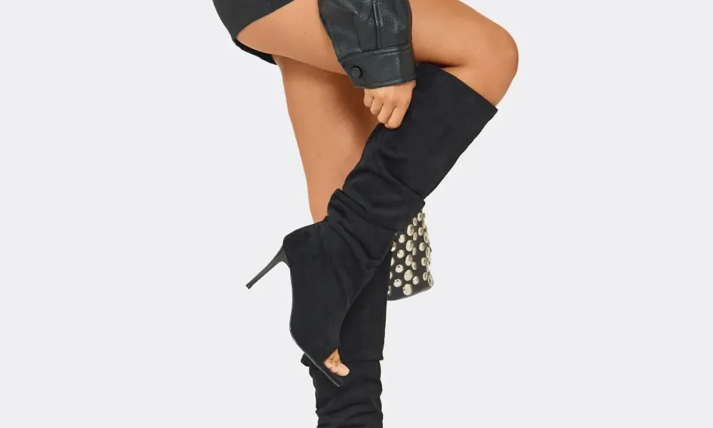 Guilty Peep Toe Slouched Stiletto Heel Knee High Boot In Black Faux Suede