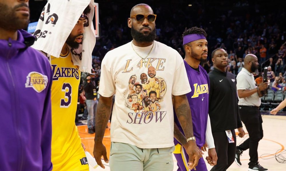 LeBron James #6 and Anthony Davis #3 of the Los Angeles Lakers