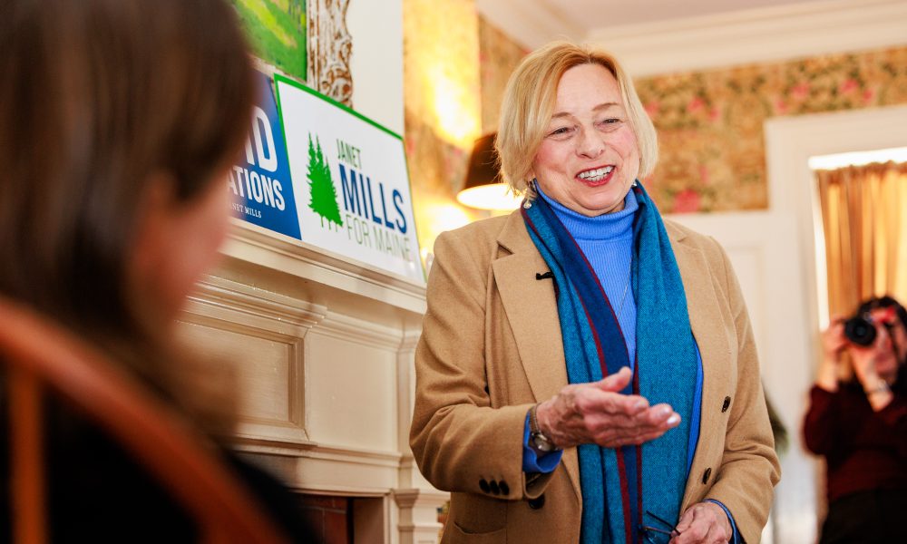Maine Gov. Janet Mills speaks to supporters in Brunswick, Maine, on Jan. 28.