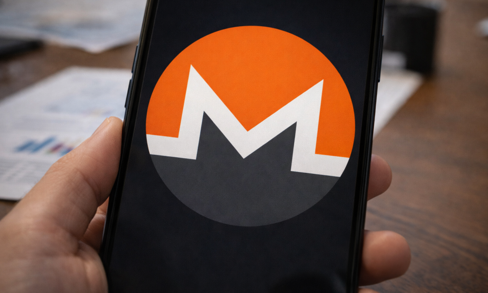 A smartphone held in hand displays the Monero cryptocurrency logo on its screen, with financial documents blurred in the background.