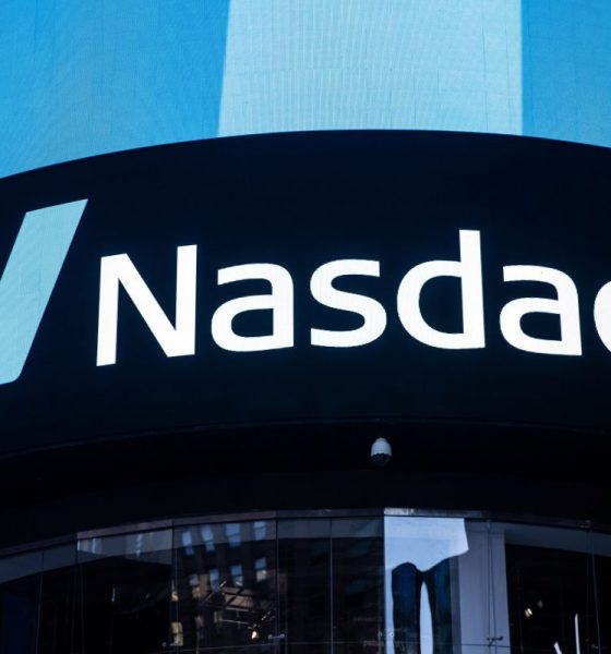 The Nasdaq logo is displayed at the Nasdaq Market site in Times Square in New York