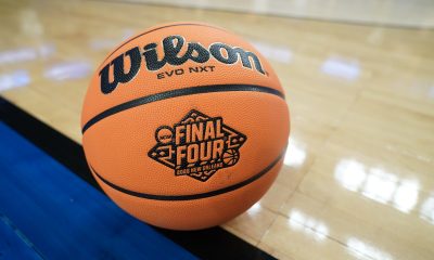 A NCAA tournament basketball on the floor during a practice session of the NCAA Men's Basketball Tournament - First Round at the KeyBank Center on March 16, 2022 in Buffalo, New York.