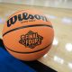 A NCAA tournament basketball on the floor during a practice session of the NCAA Men's Basketball Tournament - First Round at the KeyBank Center on March 16, 2022 in Buffalo, New York.