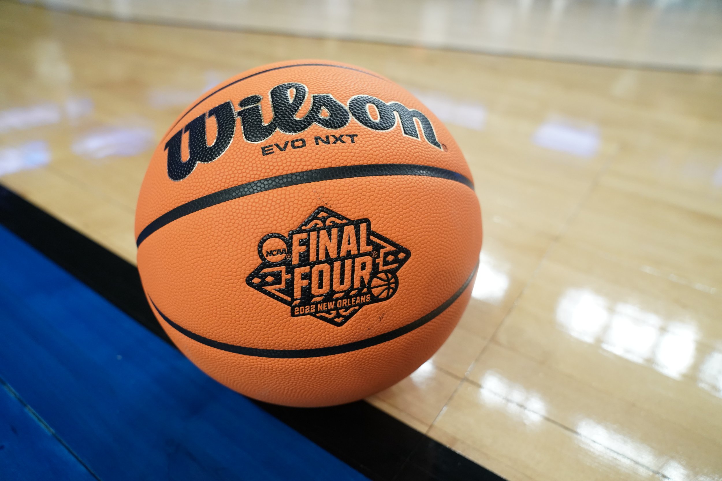 A NCAA tournament basketball on the floor during a practice session of the NCAA Men's Basketball Tournament - First Round at the KeyBank Center on March 16, 2022 in Buffalo, New York.
