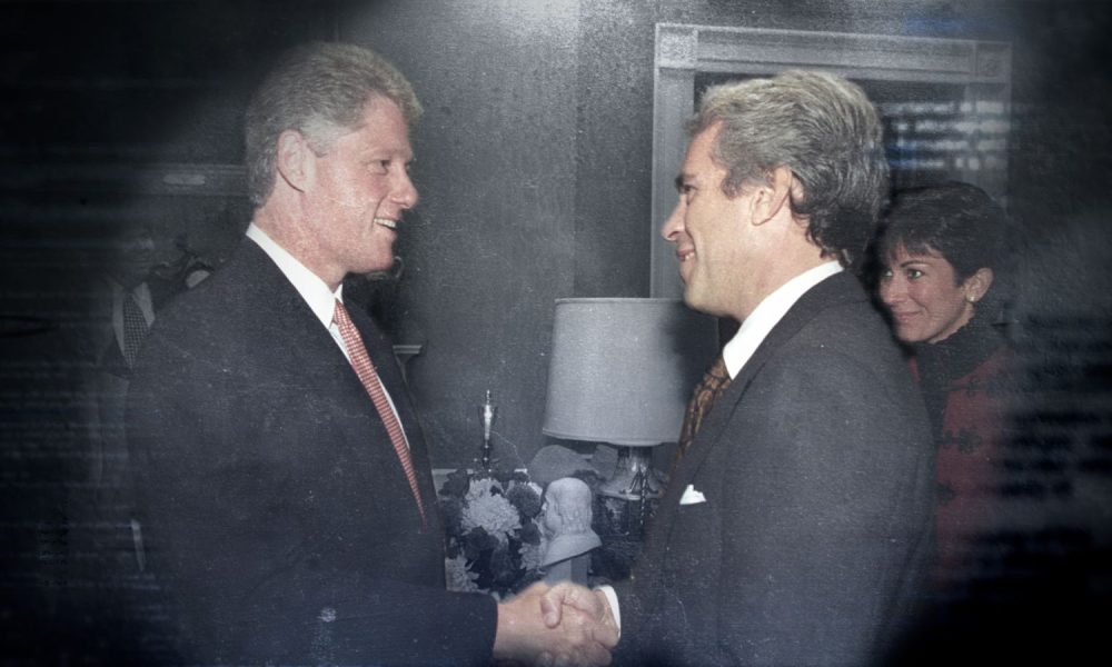 Bill Clinton meeting Jeffrey Epstein and Ghislaine Maxwell at the White House in 1993. Pic: William J Clinton Presidential Library