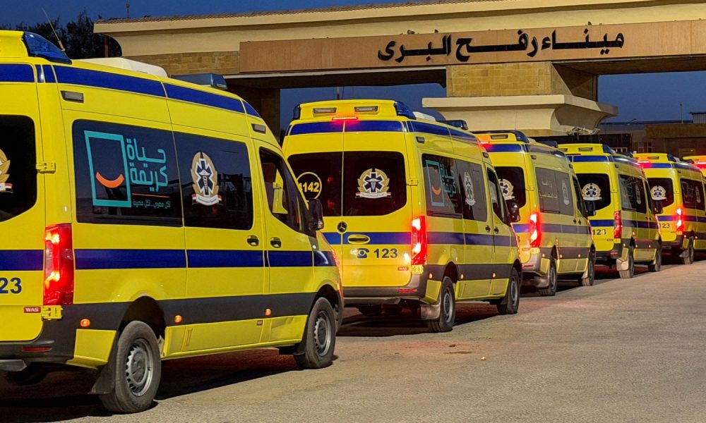 Egyptian ambulances line up at the Rafah border crossing. Pic: Reuters