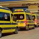 Egyptian ambulances line up at the Rafah border crossing. Pic: Reuters