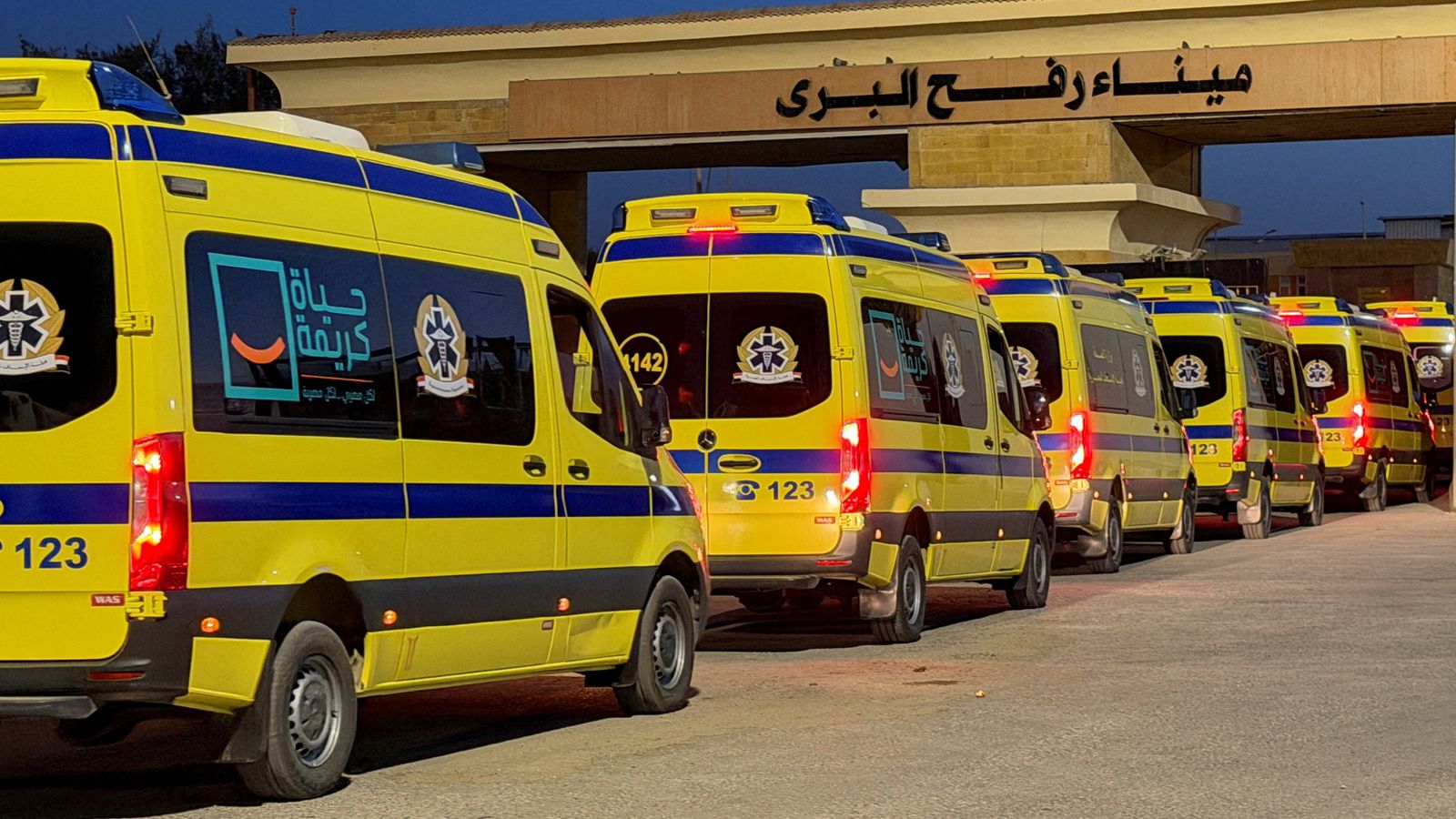 Egyptian ambulances line up at the Rafah border crossing. Pic: Reuters