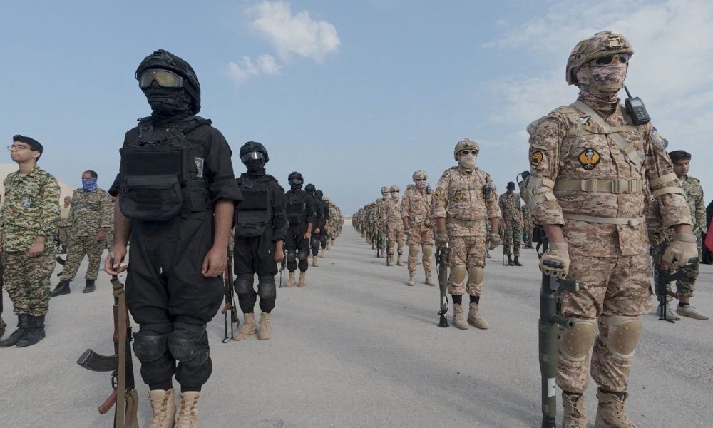Members of the Islamic Revolutionary Guard Corps attend an exercise in southern Iran. Pic: Handout via Reuters