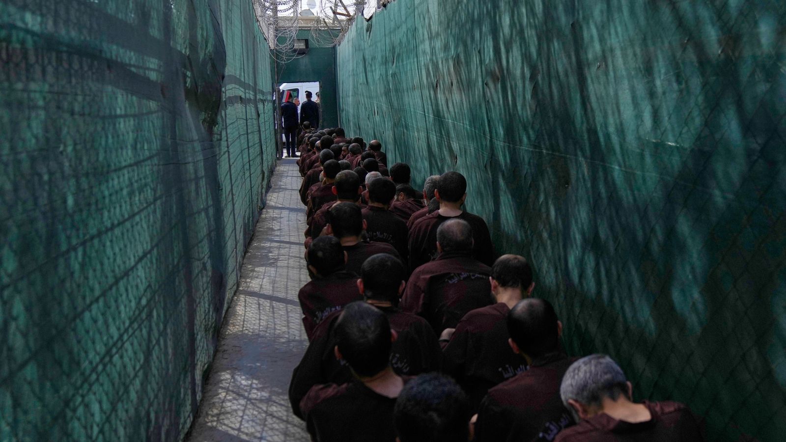 Suspected Islamic State militants at Al-Karkh Central Prison in Baghdad after being transferred there from Syria. Pic: AP