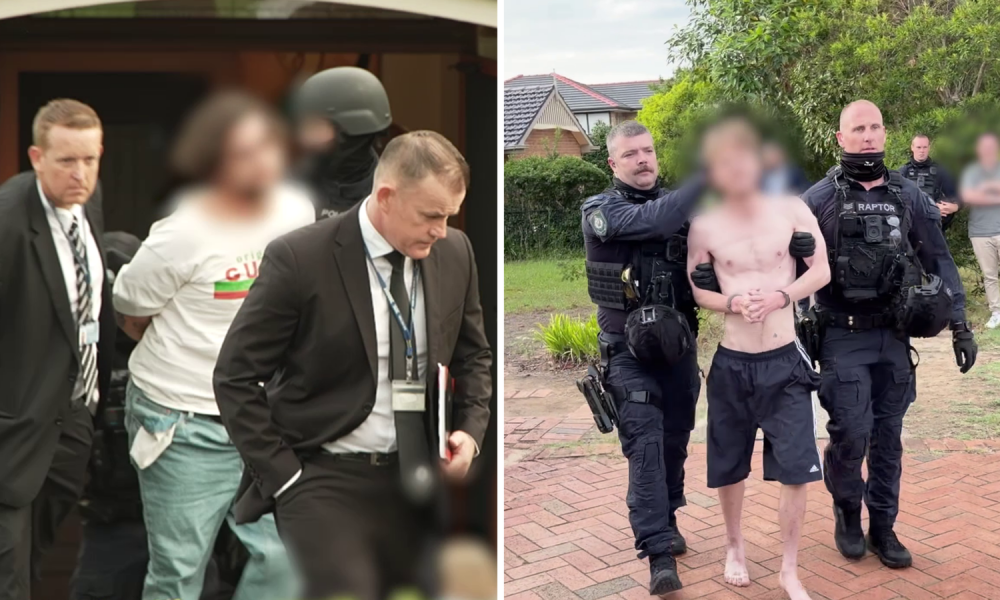 Two men arrested at a house in the Kenthurst (left) and Castle Hill (right) areas of Sydney. Pic: NSW Police