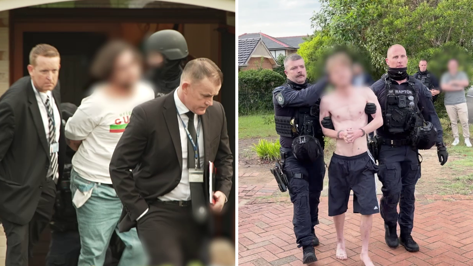 Two men arrested at a house in the Kenthurst (left) and Castle Hill (right) areas of Sydney. Pic: NSW Police