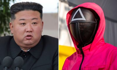 (L-R) North Korean dictator Kim Jong-un and a Squid Game guard. File pics: AP