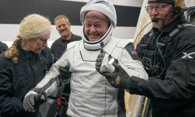 NASA astronaut Mike Fincke was helped out of a spacecraft after returning to Earth in January. Pic: Reuters