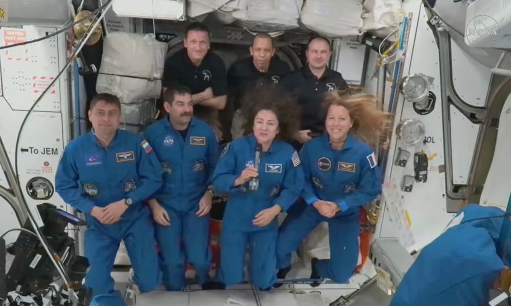 Andrei Fedyaev, Jack Hathaway, Jessica Meir and France's Sophie Adenot (left to right front row), with Sergey Kud-Sverchkov, Christopher Will and and Sergei Mikayev behind. Pic: NASA/AP