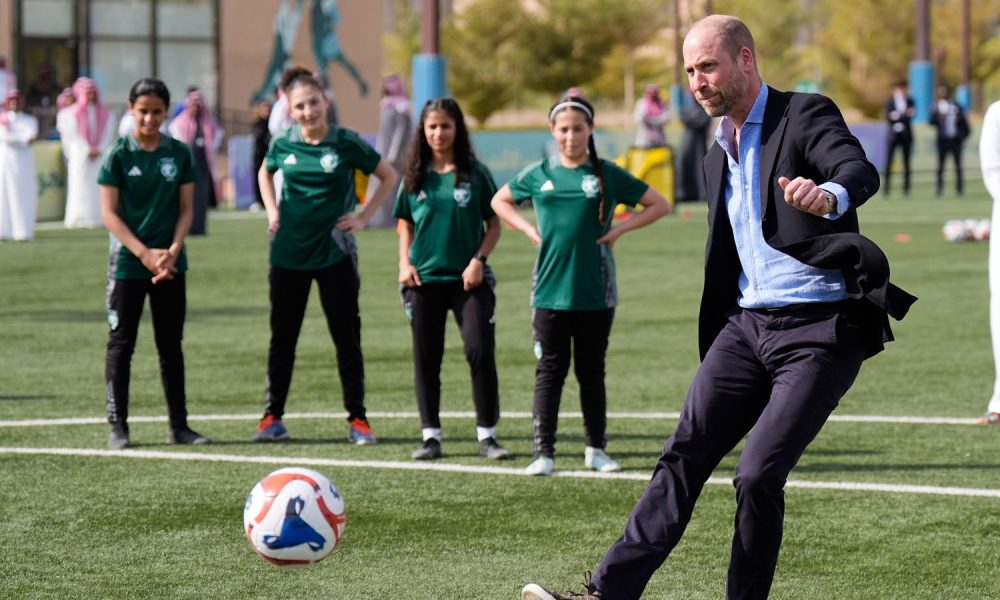 Prince William takes a penalty during a visit to MISK Sports City in Riyadh. Pic: PA