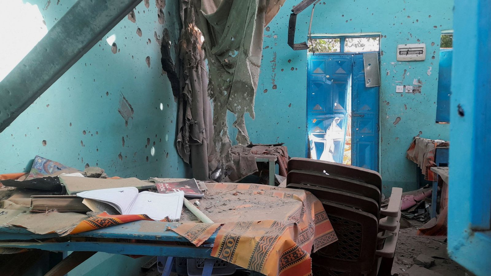 Signs of shelling in a school where displaced people sheltered, in Al Fashir, Sudan. Pic: Reuters