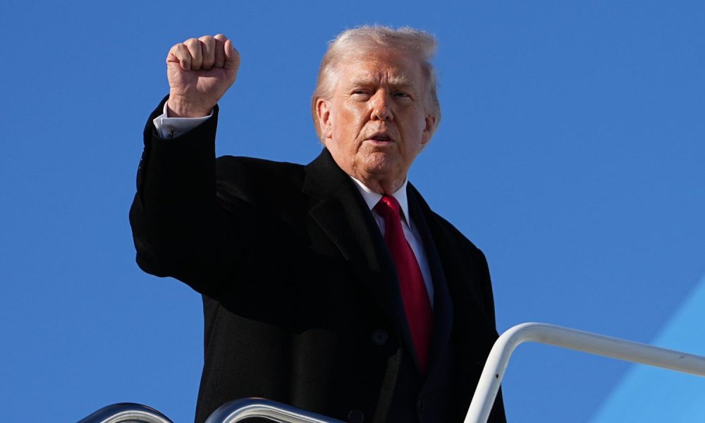 Donald Trump boarding Air Force One at Pope Army Airfield in Fort Bragg. Pic: AP