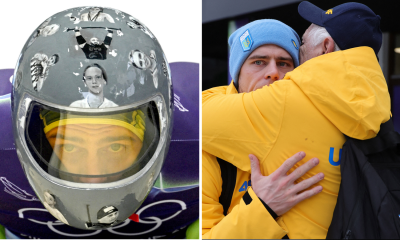 Heraskevych (left) training with his "helmet of remembrance" and (right) being comforted after his ban. Pic: Reuters