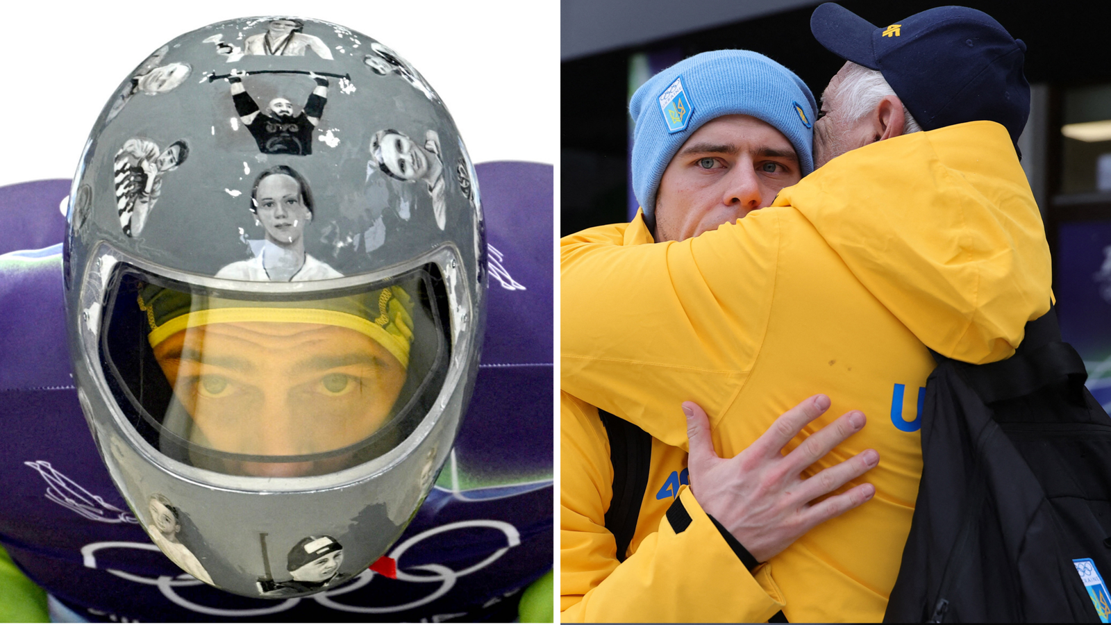 Heraskevych (left) training with his "helmet of remembrance" and (right) being comforted after his ban. Pic: Reuters