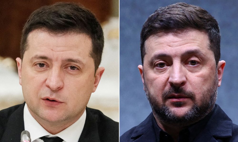 Volodymyr Zelenskyy in January 2022 (L) and February 2026 (R). File pics: Reuters