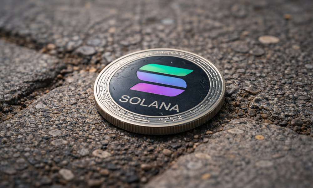 A Solana cryptocurrency coin lies on a rough pavement surface.