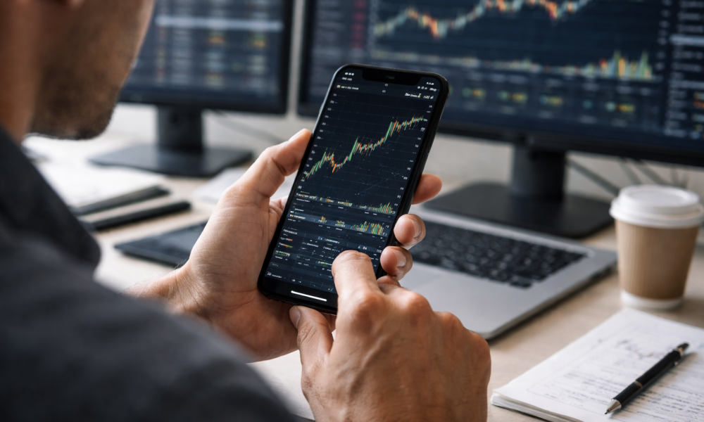A trader analyzes a financial price chart on a smartphone while multiple market charts display on monitors in the background.