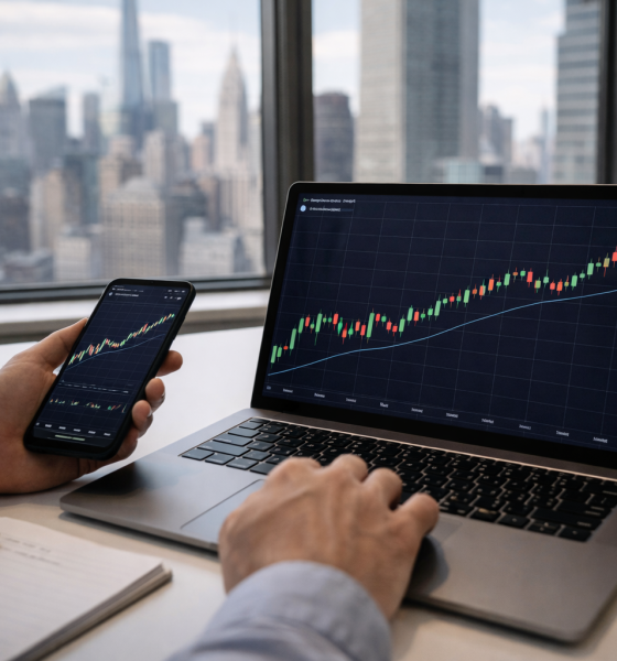 An investor checks rising cryptocurrency charts on a laptop and smartphone with a city skyline visible through the office window.