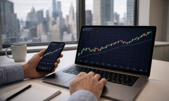 An investor checks rising cryptocurrency charts on a laptop and smartphone with a city skyline visible through the office window.