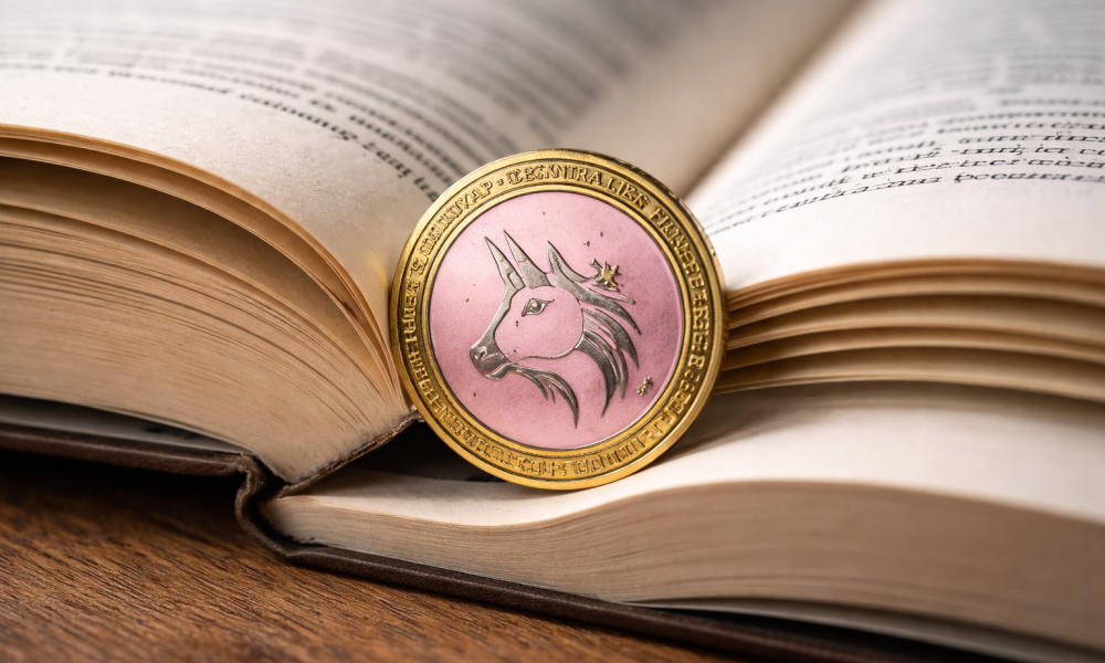 A cryptocurrency token featuring a unicorn emblem resting on the pages of an open book.