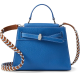 blue bag with blue top handle and long brown crossbody strap with white and blue details