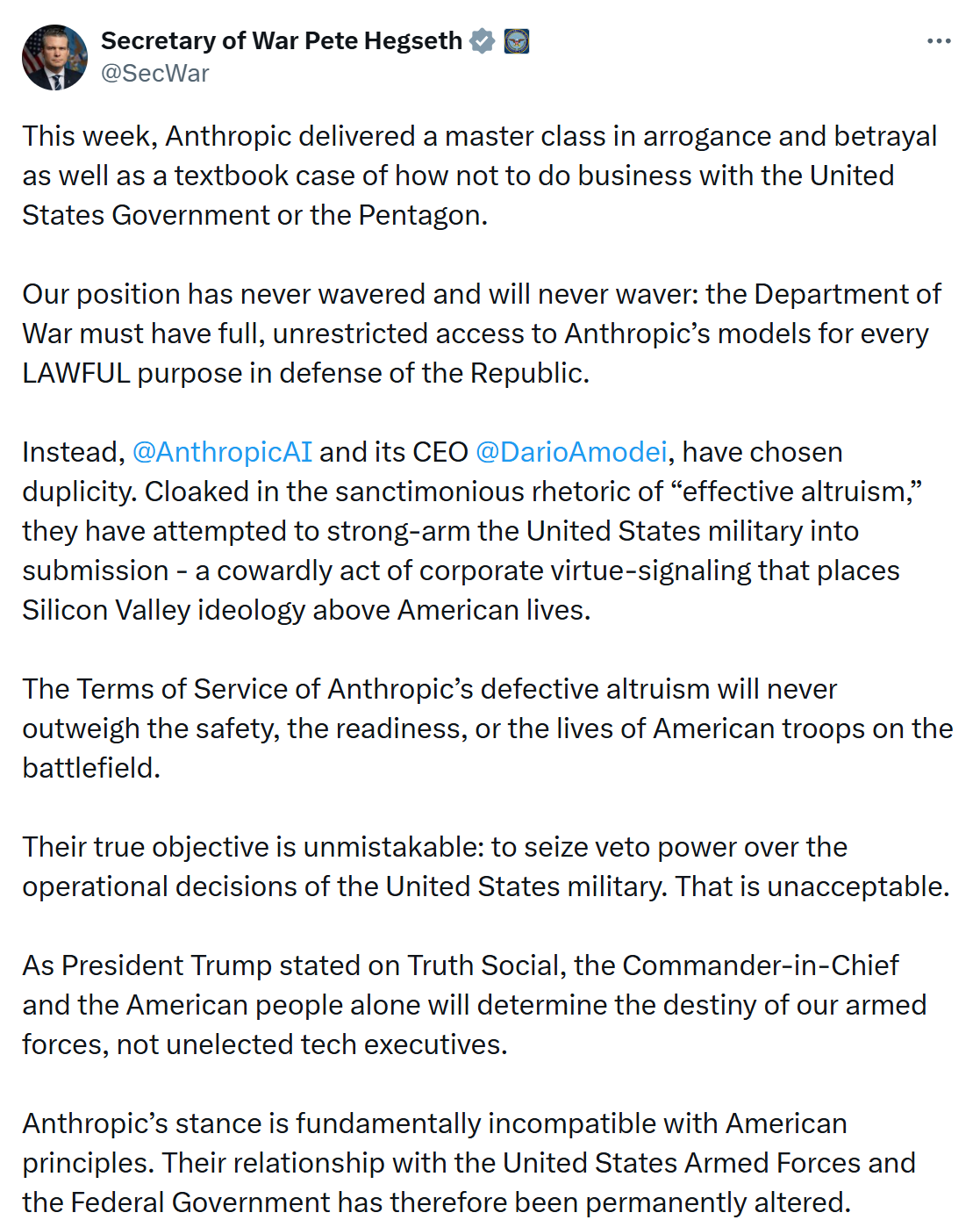 Anthropic Reopens Pentagon Talks as Trump Weighs Supply Chain Risk Label