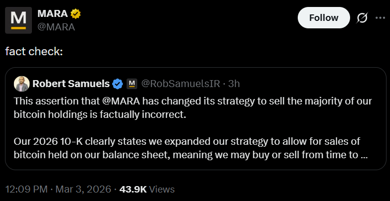 MARA Clarifies Bitcoin Strategy After 10-K Misinterpretation
