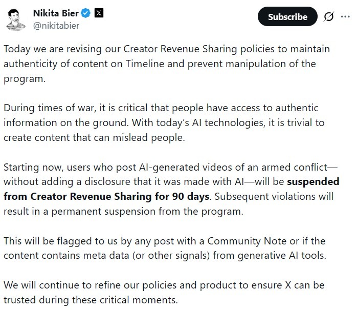 X Targets Undisclosed AI Conflict Videos With Revenue Ban