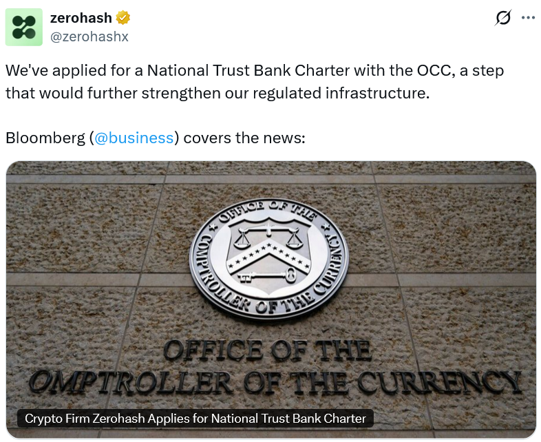 Zerohash applies for US National Trust Bank Charter