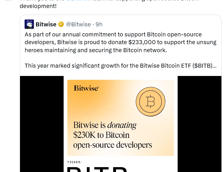 Bitwise Makes Latest Donation to Open-Source Bitcoin Devs