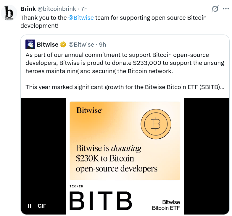 Bitwise Makes Latest Donation to Open-Source Bitcoin Devs