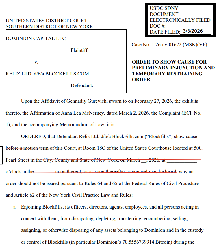Judge Freezes 70 BTC from BlockFills in Court Dispute Tied to User Funds