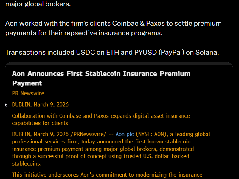 Aon Tests Stablecoin Payments for Insurance Premiums