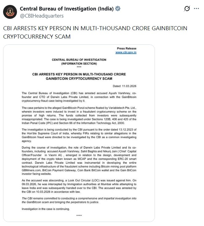 CBI Arrests Darwin Labs CTO in GainBitcoin Cryptocurrency Case