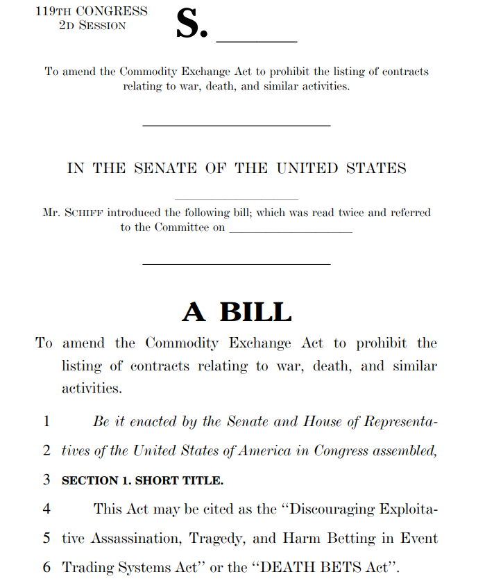 Senator Introduces 'DEATH BETS' Act Against War-Linked Prediction Markets