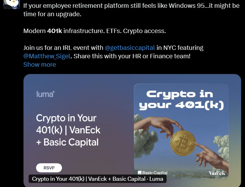 VanEck Crypto ETPs Reach 401(k) Investors via Basic Capital