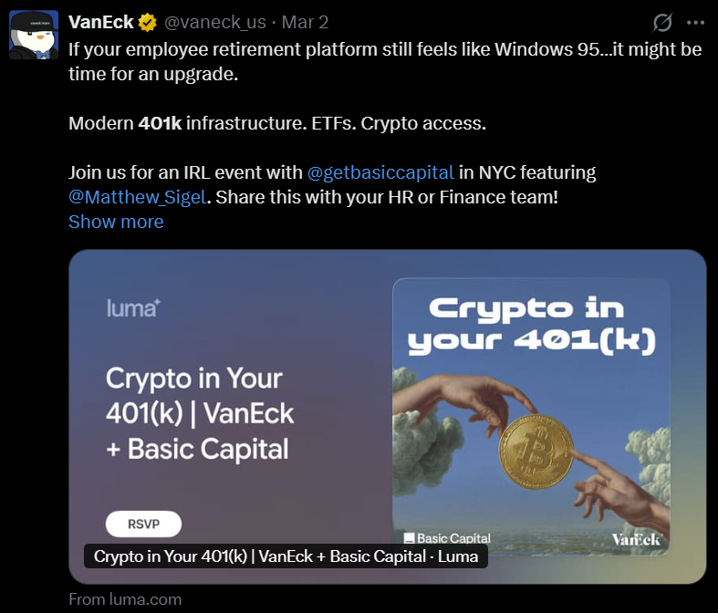 VanEck Crypto ETPs Reach 401(k) Investors via Basic Capital